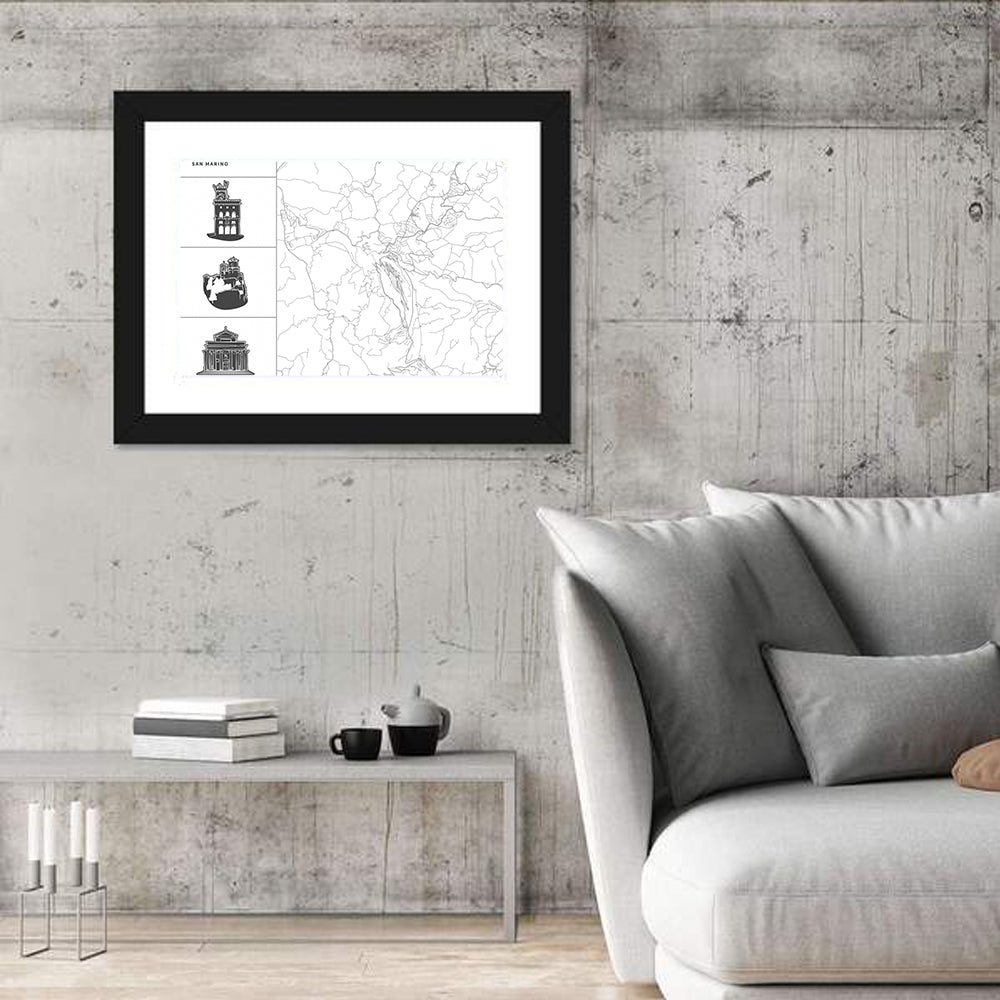 San Marino Map with Three Towers Wall Art in a room, landscape