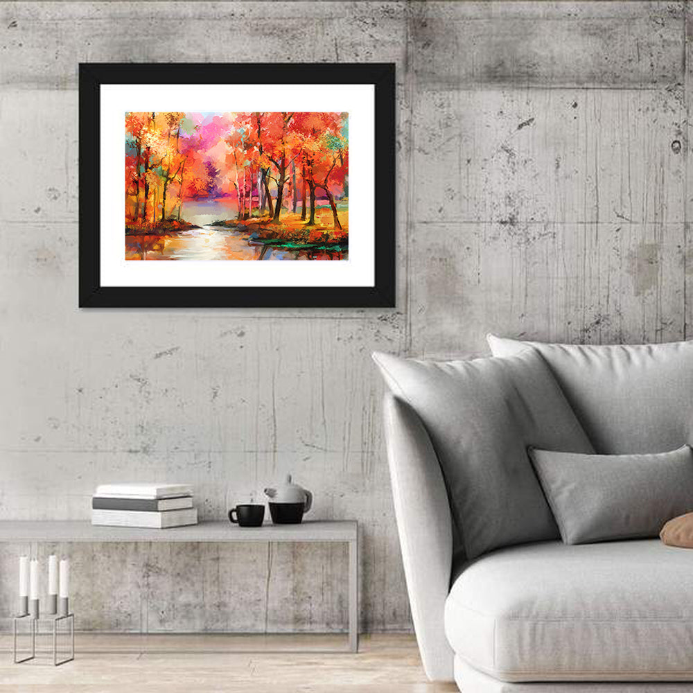 Autumn Lake Reflection Illustration Wall Art in a room, landscape