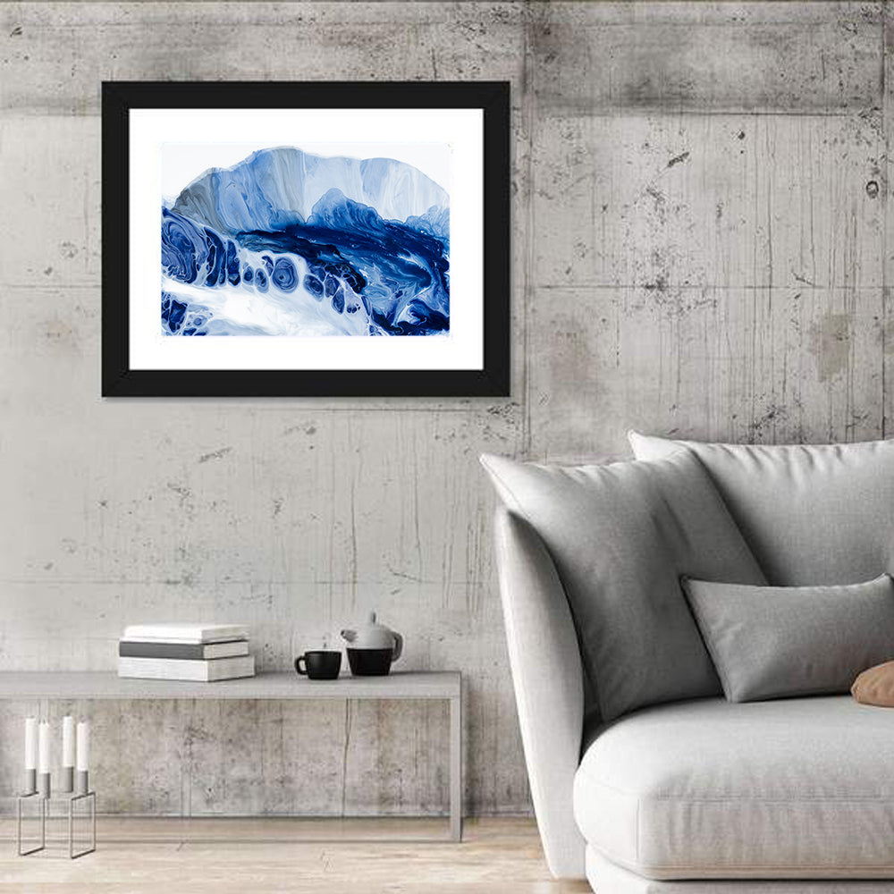Blue Oil Marbled Swirl Wall Art in a room, landscape