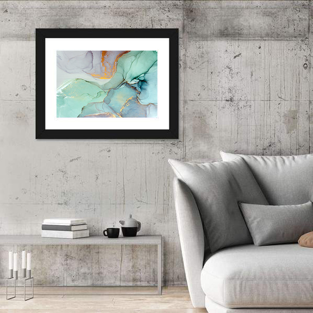 Teal Ink Marbling with Gold Veins Wall Art in a room, landscape