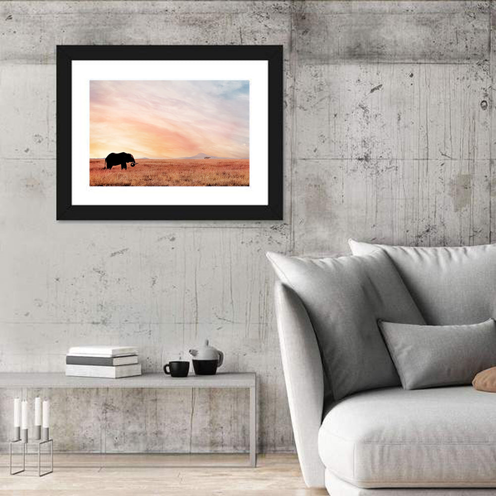 Savannah Elephant at Sunset Wall Art in a room, landscape