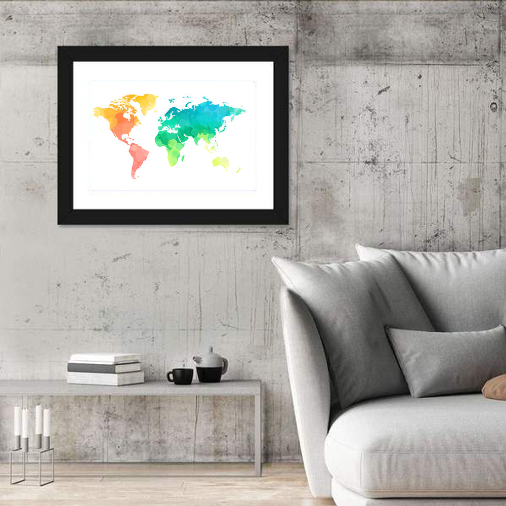 Polka Dot World Map Pattern Wall Art in a room, landscape