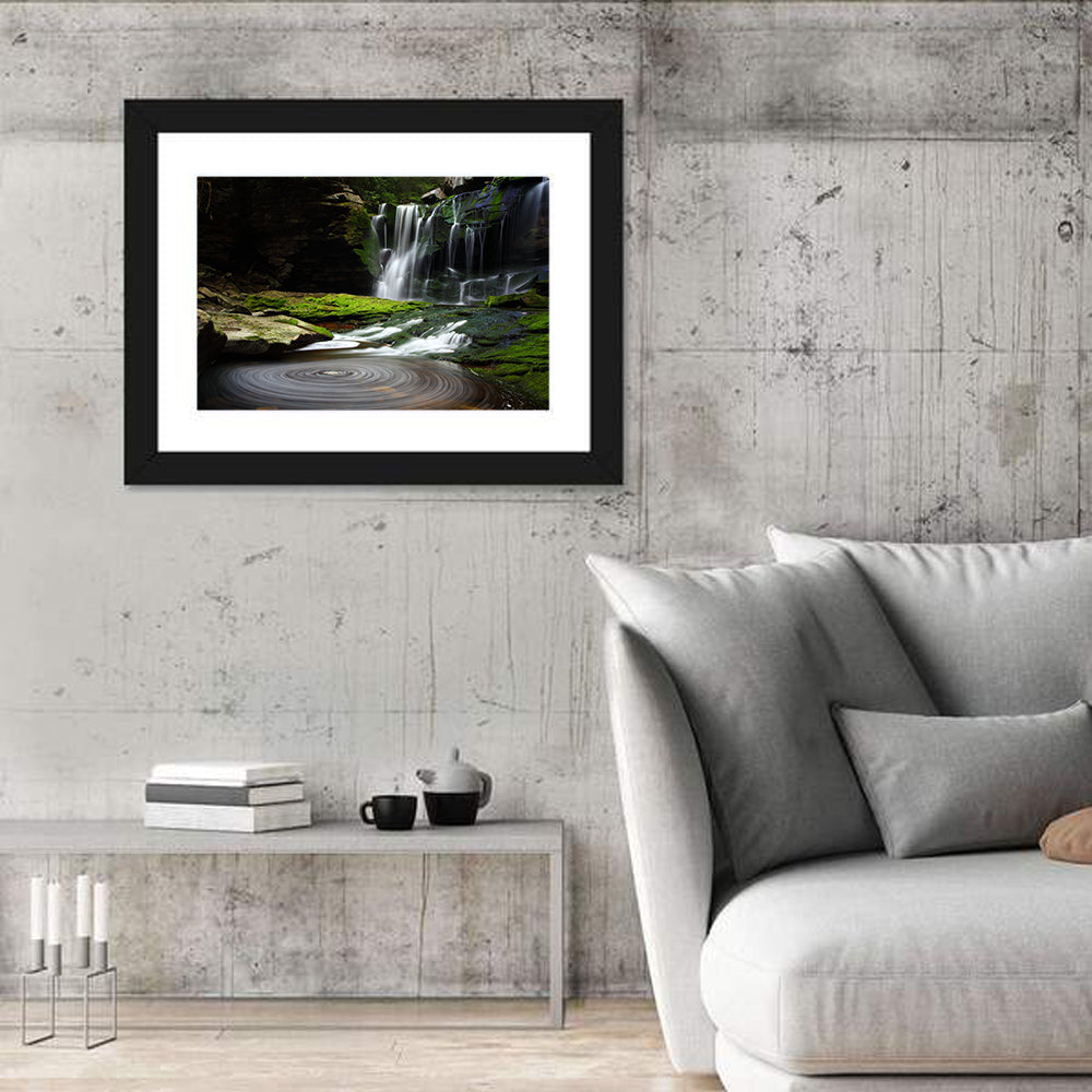 Forest Waterfall with Swirling Pond Wall Art in a room, landscape