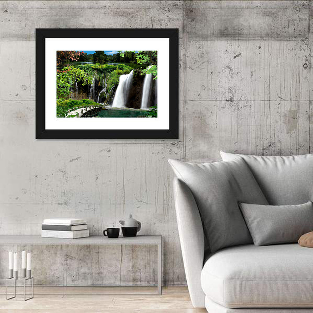 Wooden Bridge and Forest Waterfall Wall Art in a room, landscape
