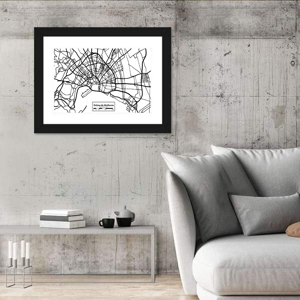 Minimalist Palma De Mallorca Map Wall Art in a room, landscape