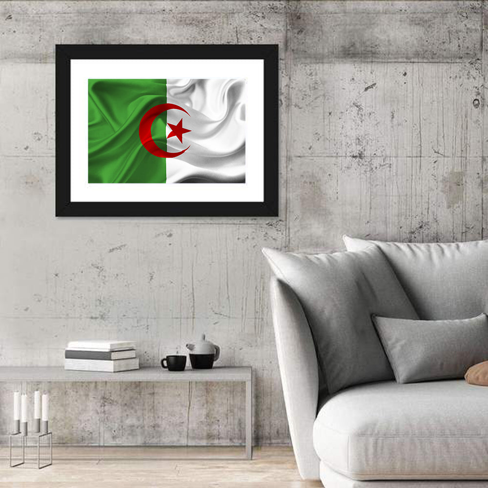 Waving Algerian Flag with Crescent and Star Wall Art in a room, landscape
