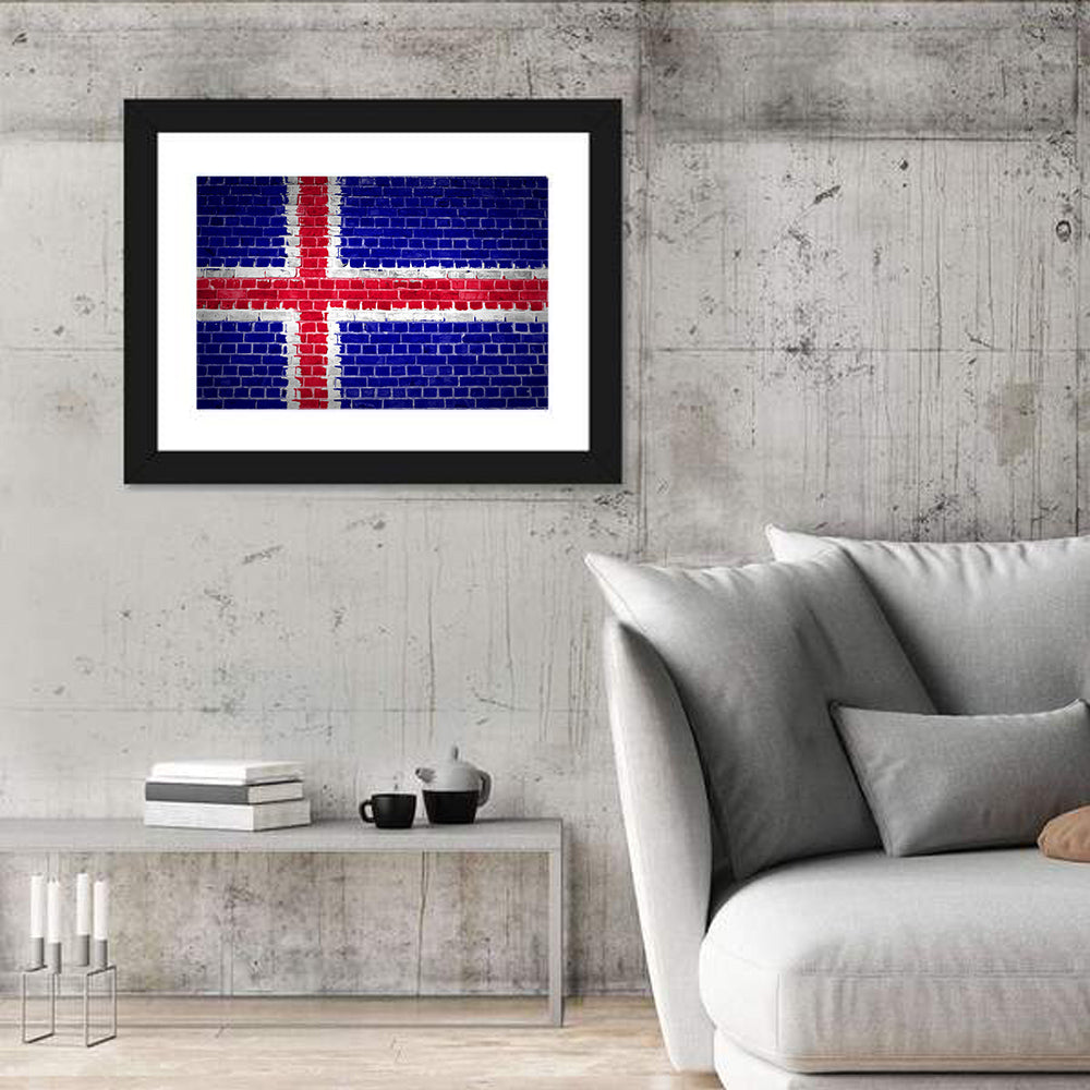 Iceland Flag on Brick Wall Art in a room, landscape