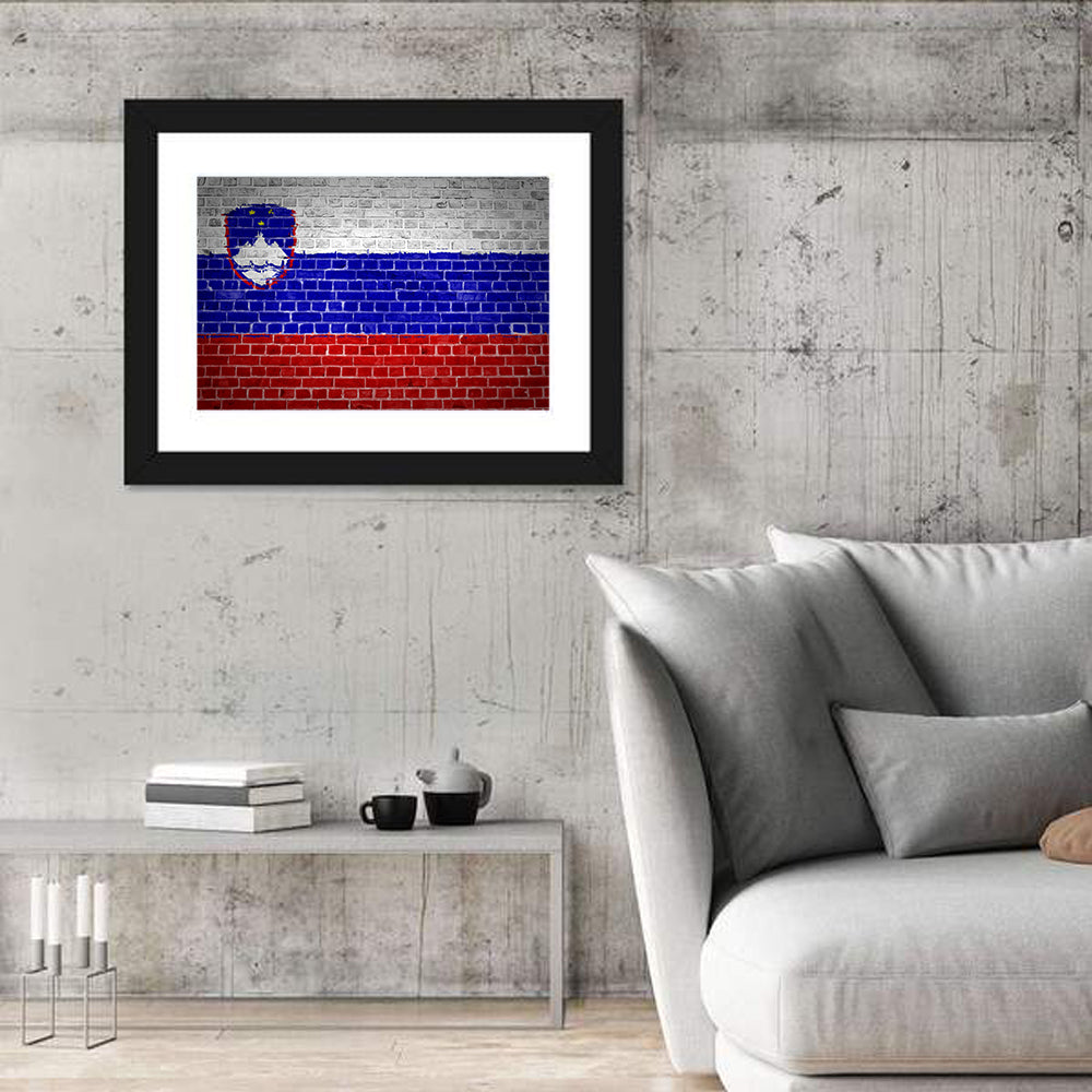 Slovenia Flag on Weathered Brick Wall Art in a room, landscape