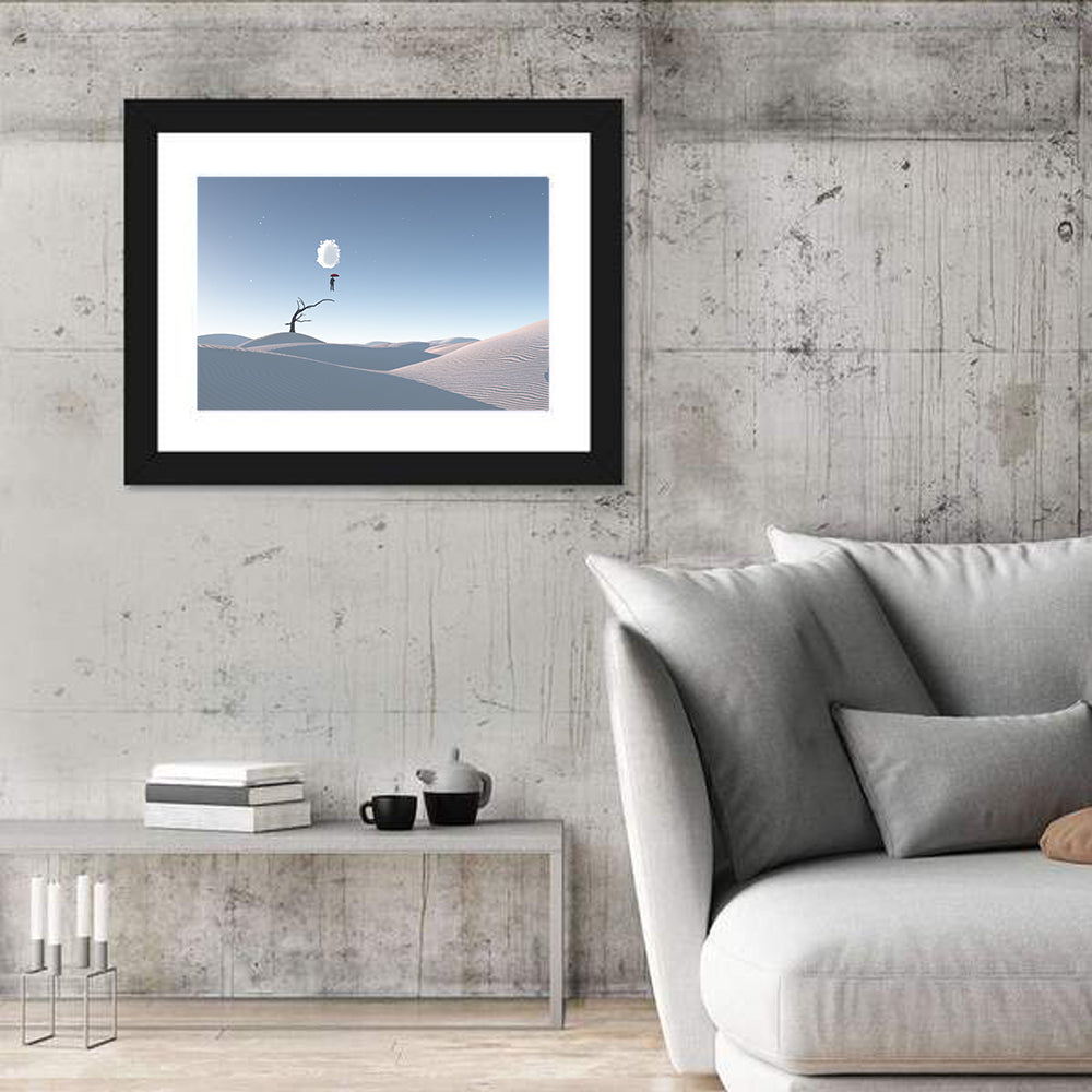 Surreal Desert with Red Umbrella Wall Art in a room, landscape