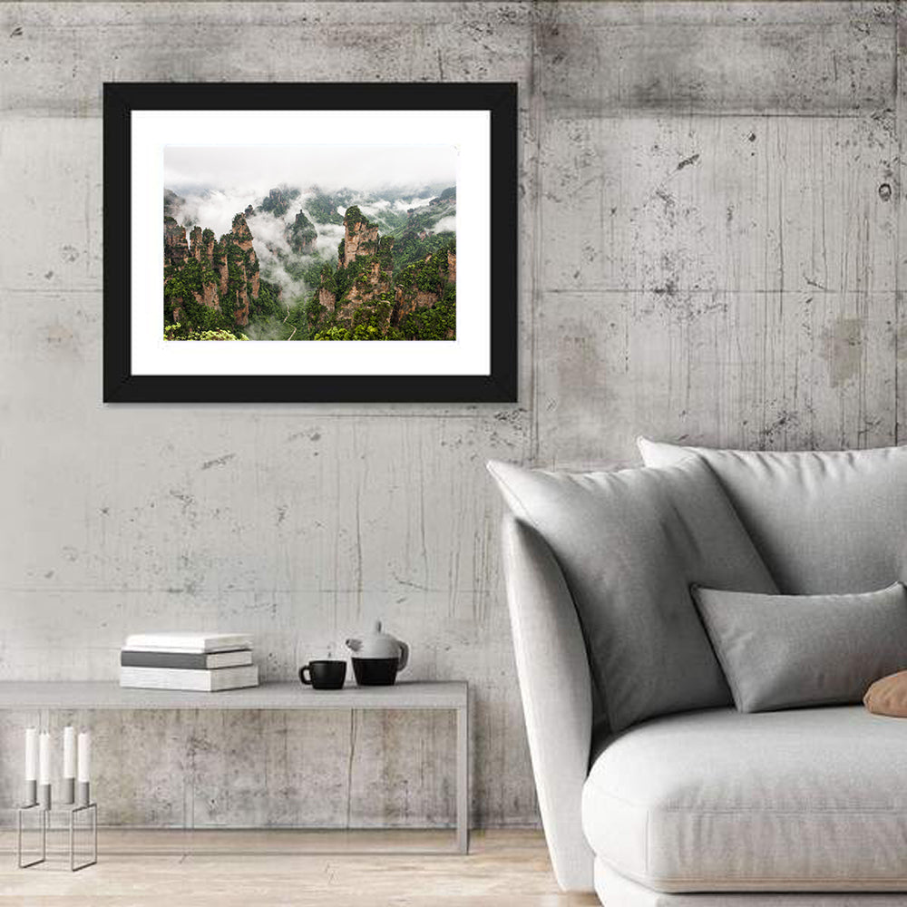 Foggy Zhangjiajie Peaks Wall Art in a room, landscape