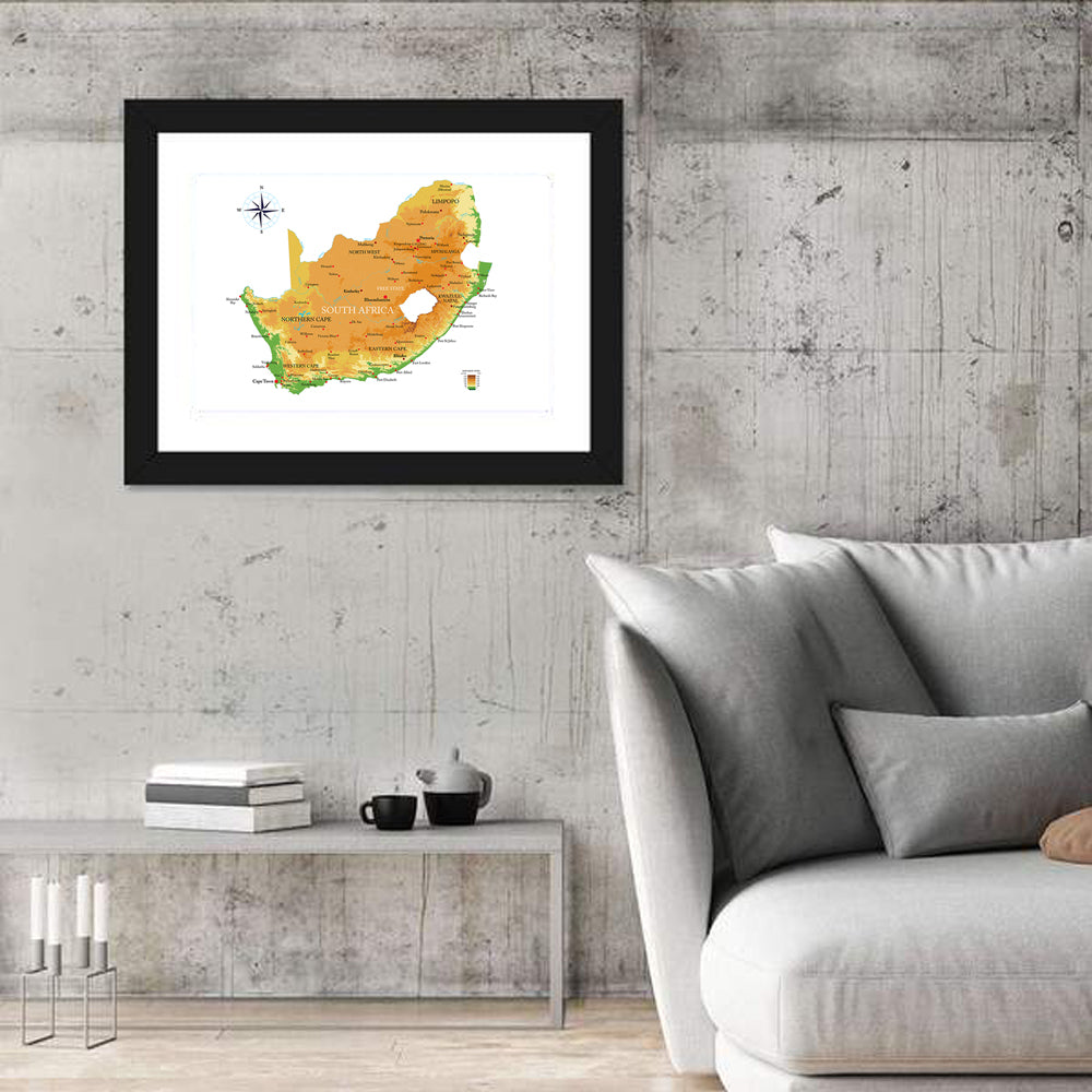 South Africa Physical Map Wall Art in a room, landscape