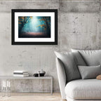 Misty Forest Path with Glowing Light Wall Art