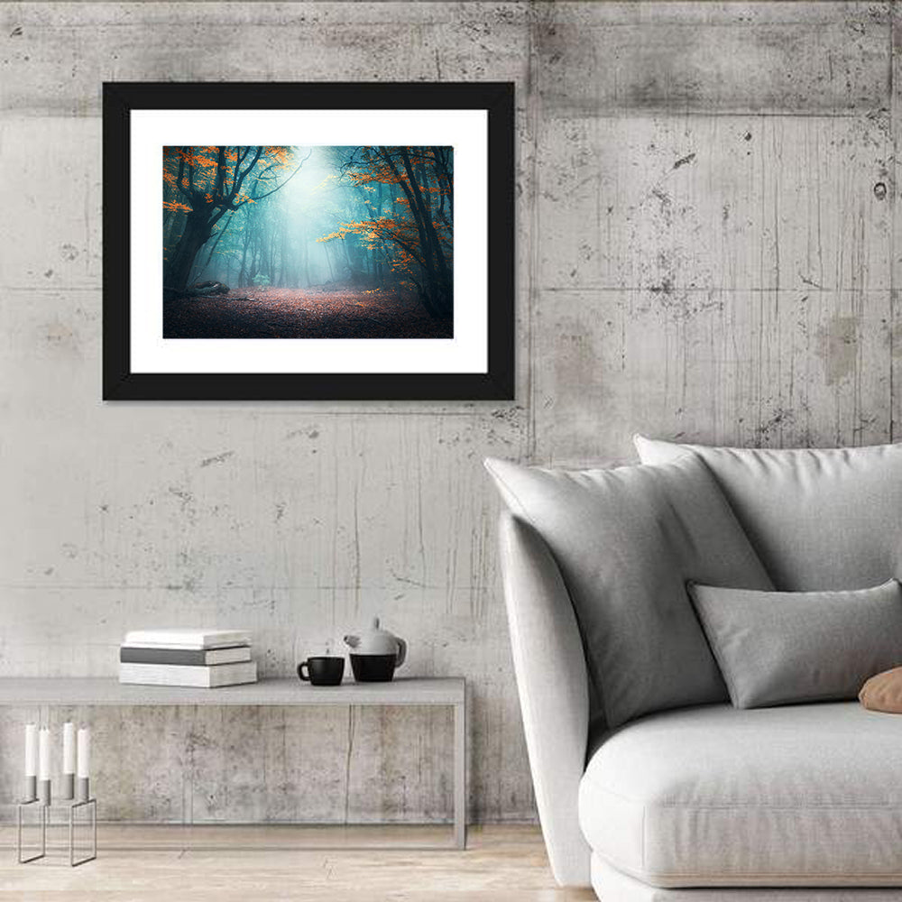 Misty Forest Path with Glowing Light Wall Art