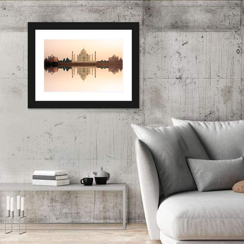 Taj Mahal Sunset Reflection Wall Art in a room, landscape