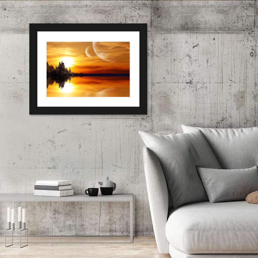 Twin Moons Over Alien Castle Wall Art in a room, landscape
