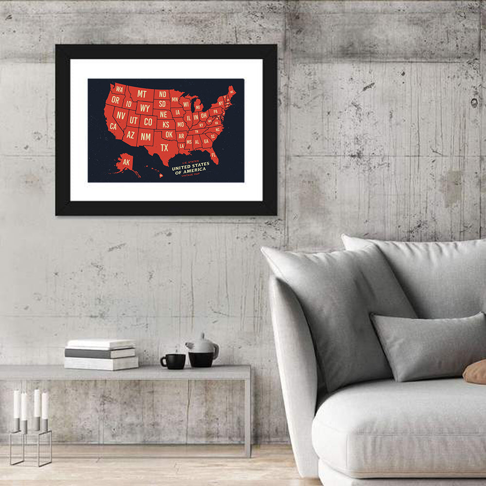 Vintage United States Map Wall Art in a room, landscape