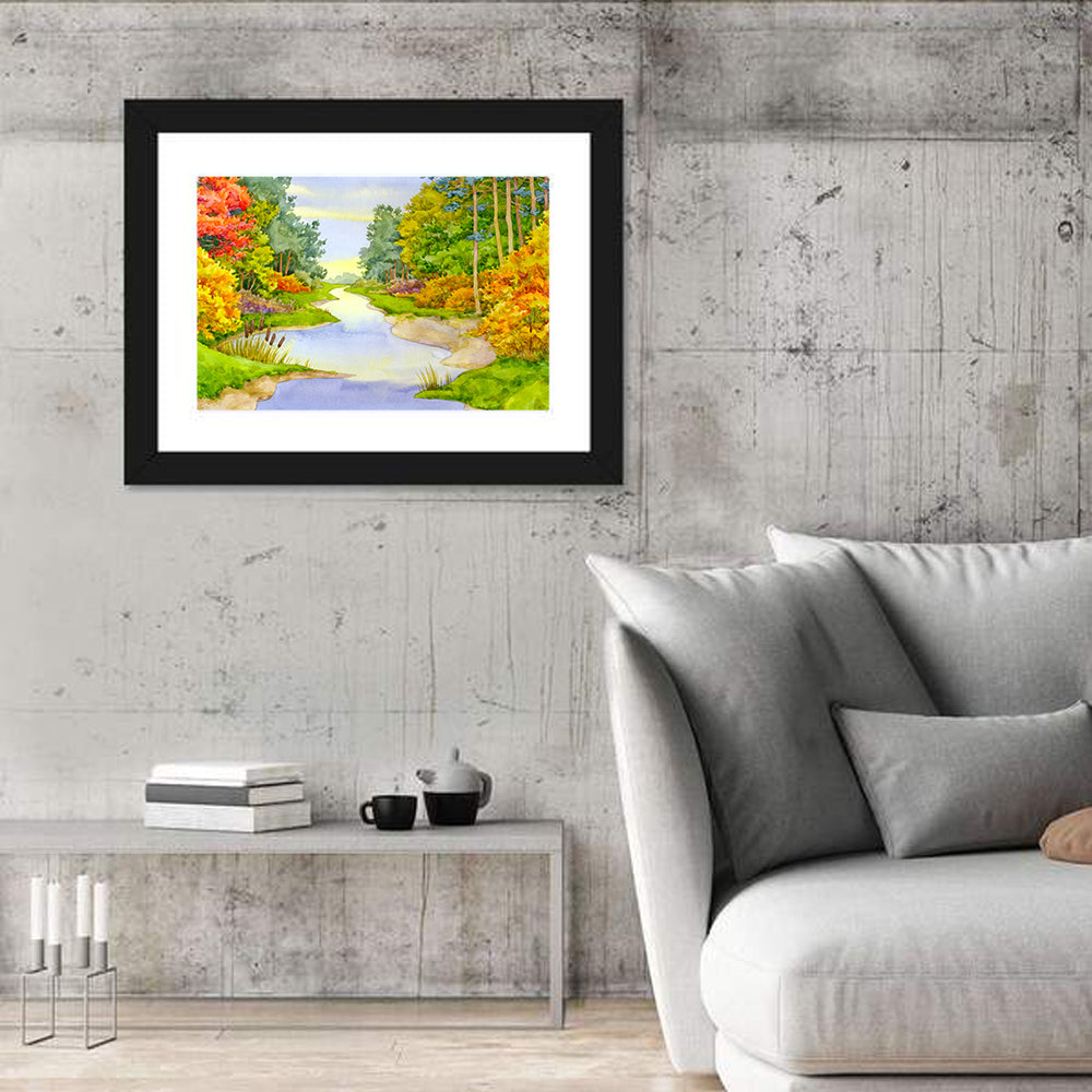 Autumn Forest Creek Wall Art in a room, landscape