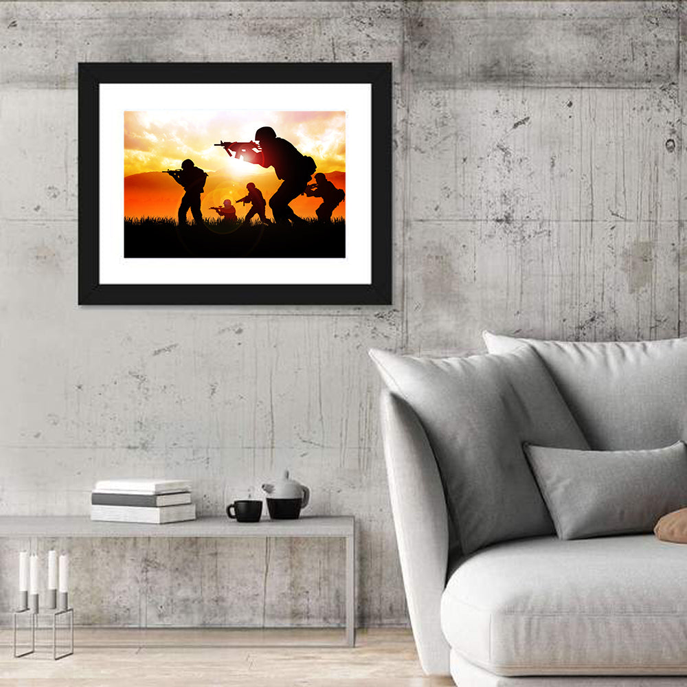 Soldiers Silhouette at Sunrise Wall Art