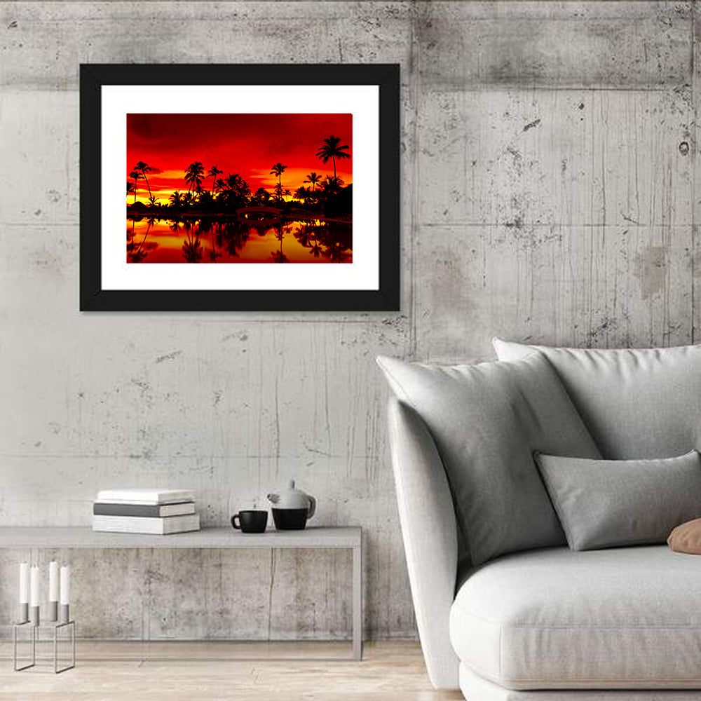 Sunset Over Sea with Palm Silhouettes Wall Art in a room, landscape