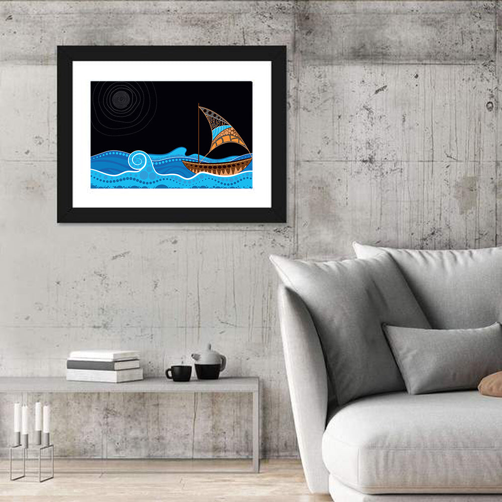 Moonlit Dotted Sailboat Illustration Wall Art in a room, landscape