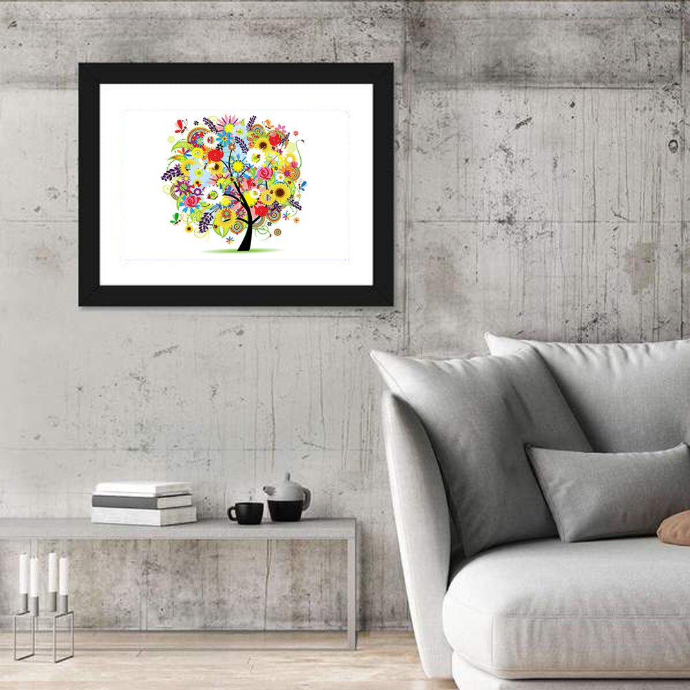 Colorful Floral Tree with Butterflies Wall Art in a room, landscape
