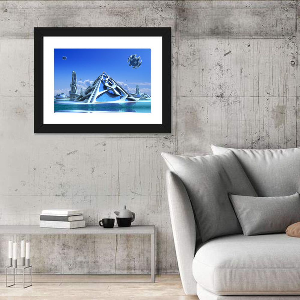 Futuristic Glass Pyramid City Wall Art in a room, landscape