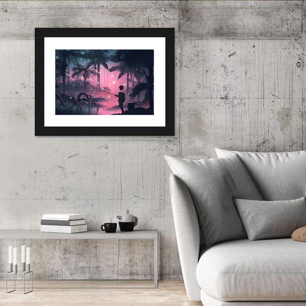 Night Swamp Fishing Wall Art in a room, landscape