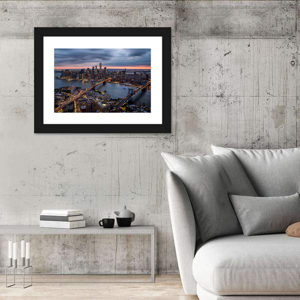 Twilight Over Brooklyn and Manhattan Bridges Wall Art in a room, landscape