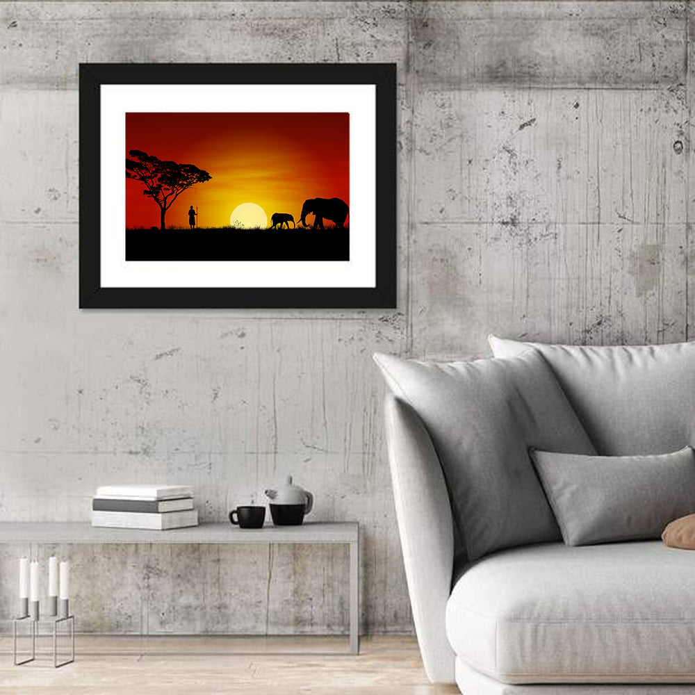 Massai Warrior and Elephants at Sunset Wall Art in a room, landscape