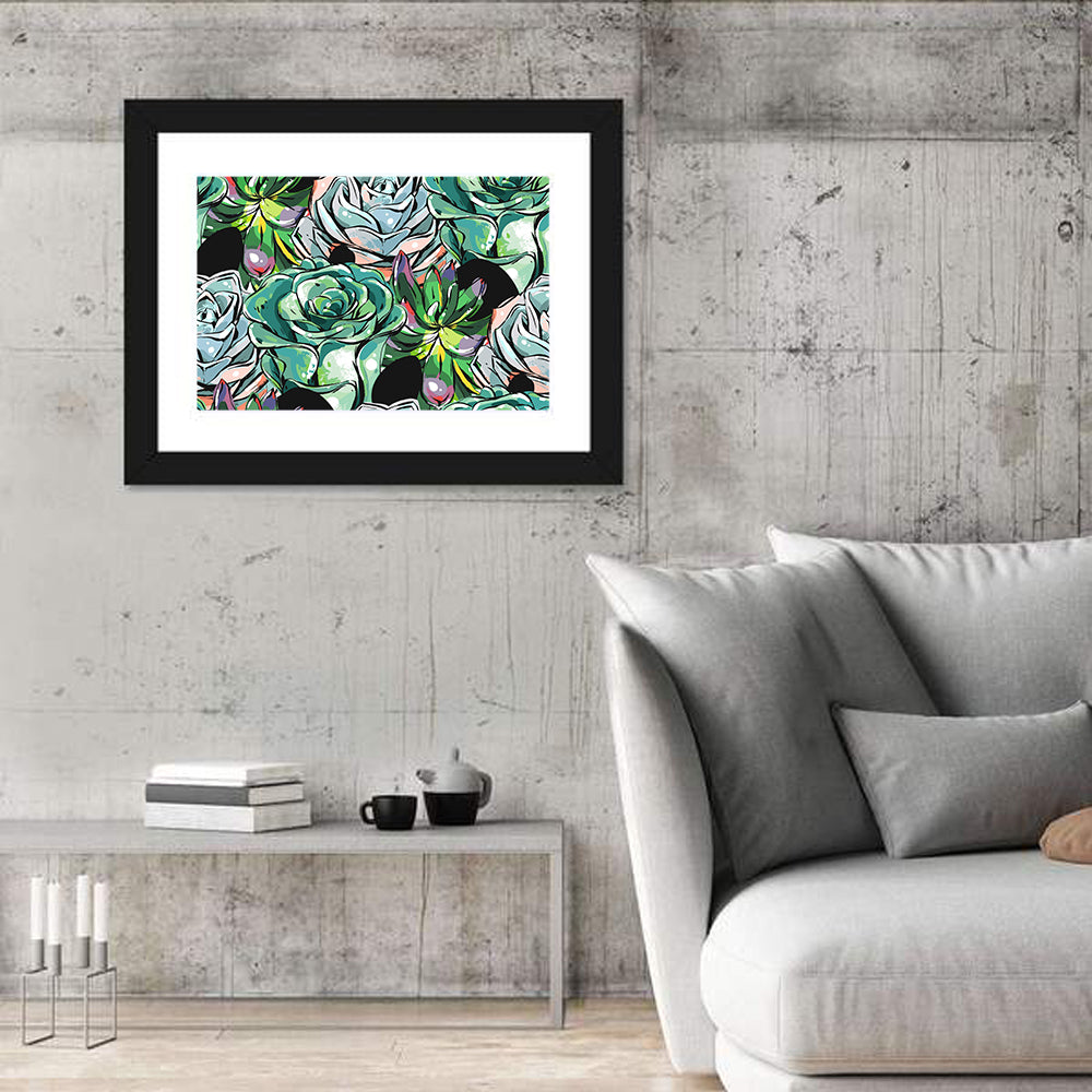 Turquoise Succulent Collage Wall Art in a room, landscape