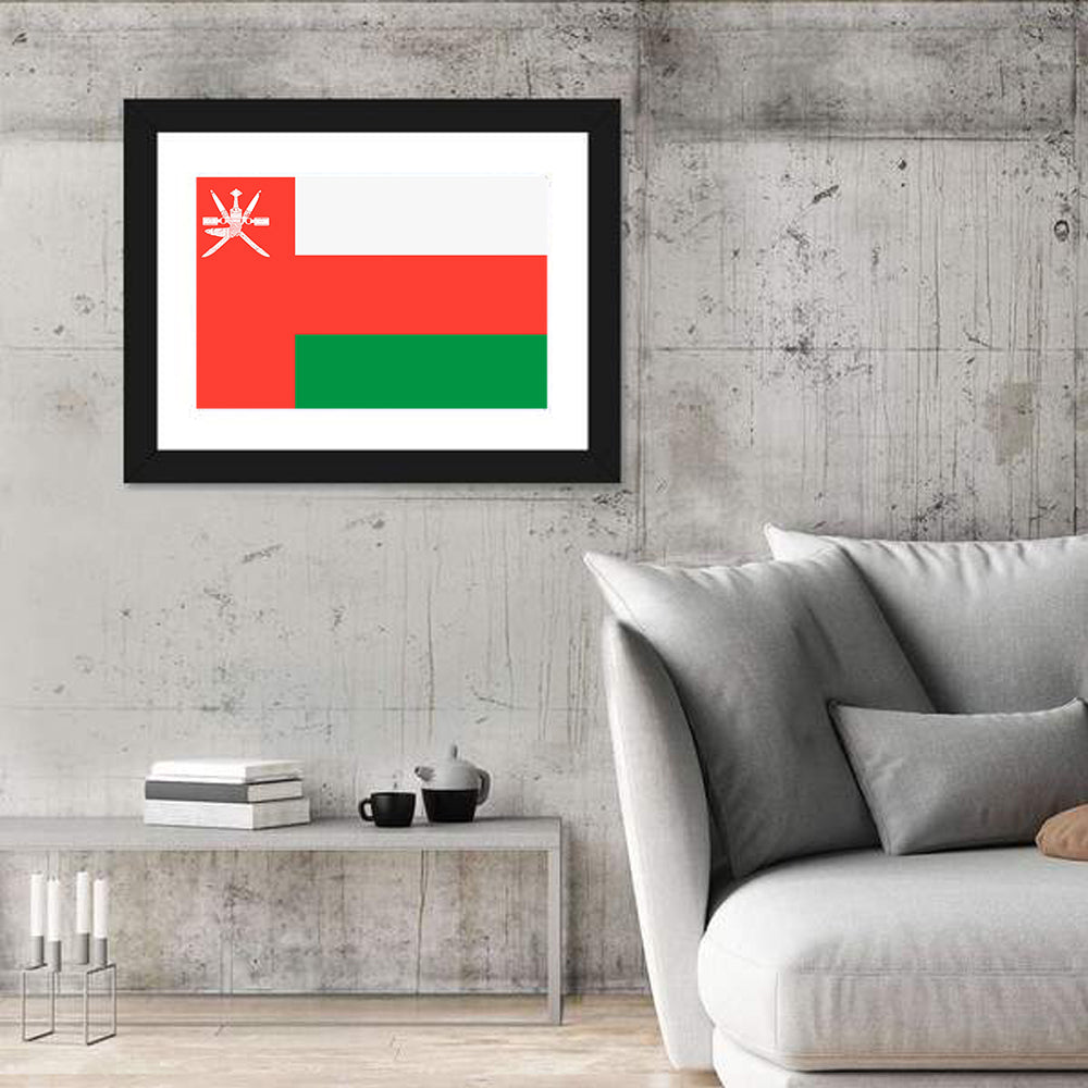 Oman Flag with Khanjar Emblem Wall Art in a room, landscape
