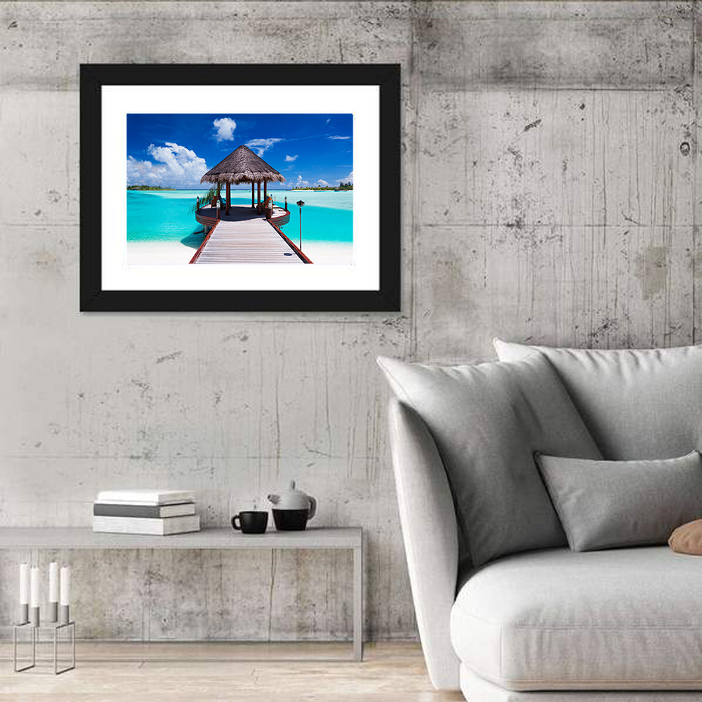 Tropical Jetty with Thatched Gazebo Wall Art in a room, landscape