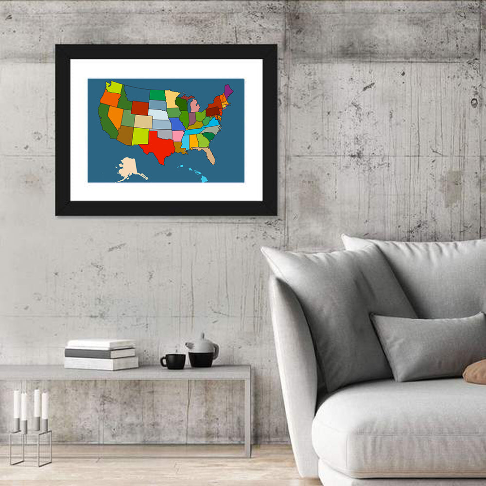 Color-blocked United States Map Wall Art in a room, landscape