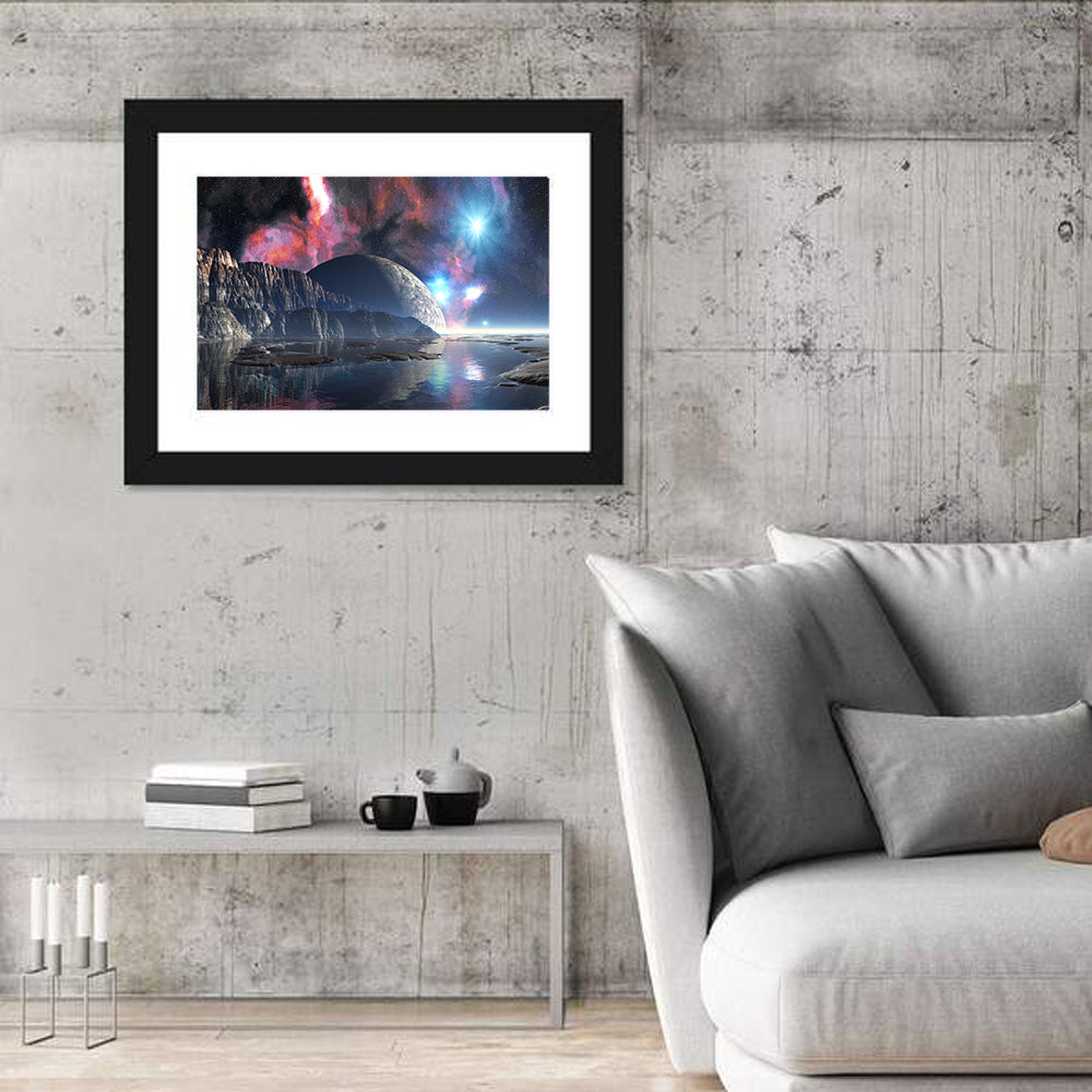 Tranquil Alien Lake Wall Art in a room, landscape