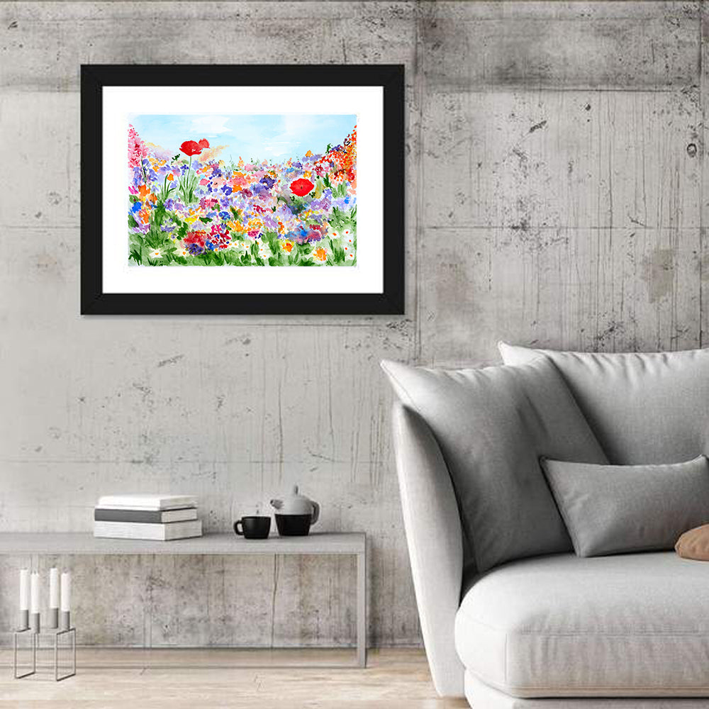 Wildflower Meadow Watercolor Wall Art in a room, landscape