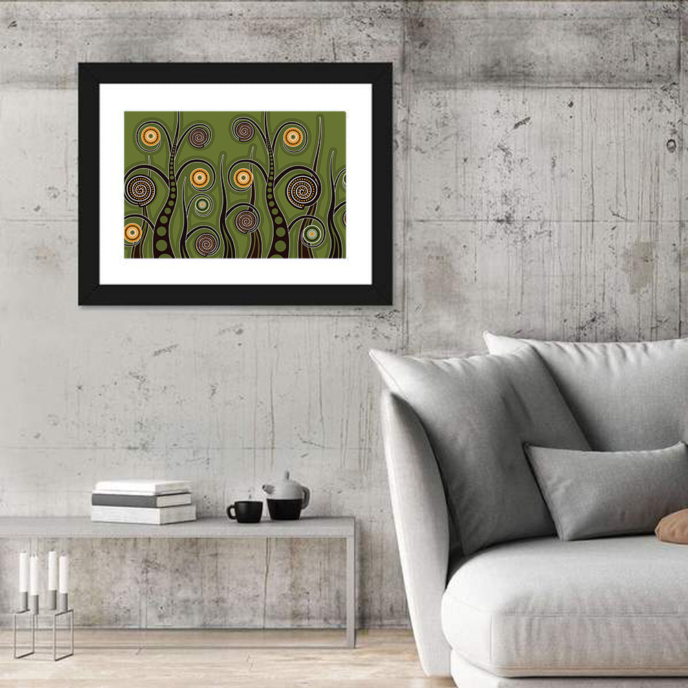 Botanical Spiral Roots Illustration Wall Art in a room, landscape