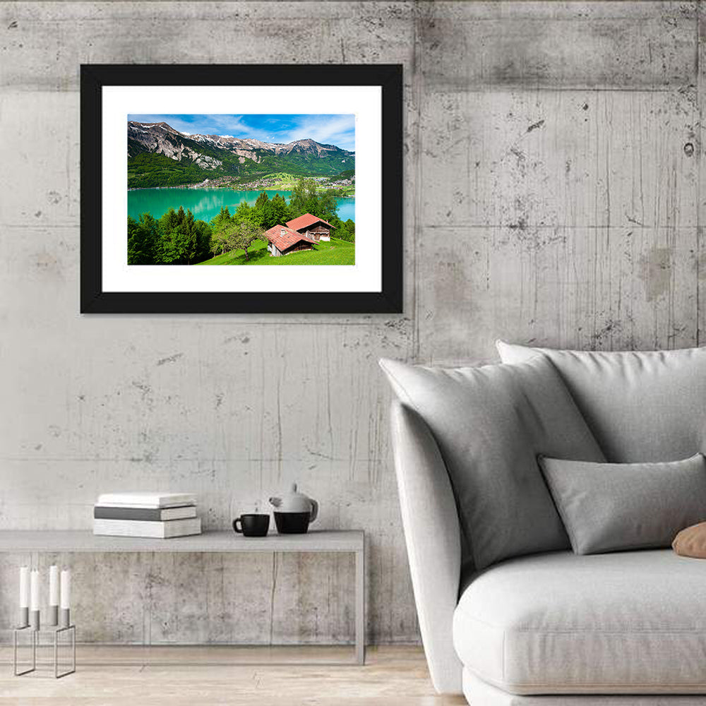 Lake Brienz with Alpine Cabins Wall Art in a room, landscape