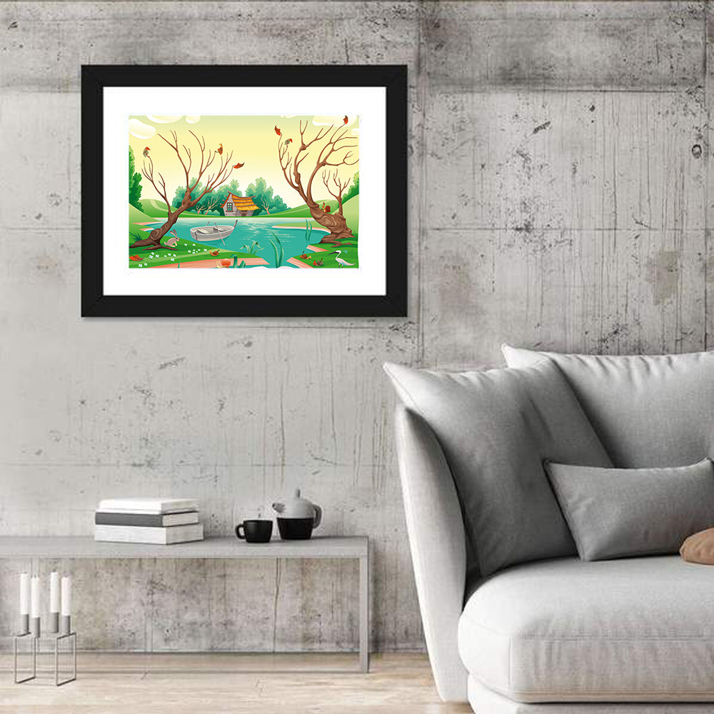 Thatched Village by the Lake Wall Art in a room, landscape