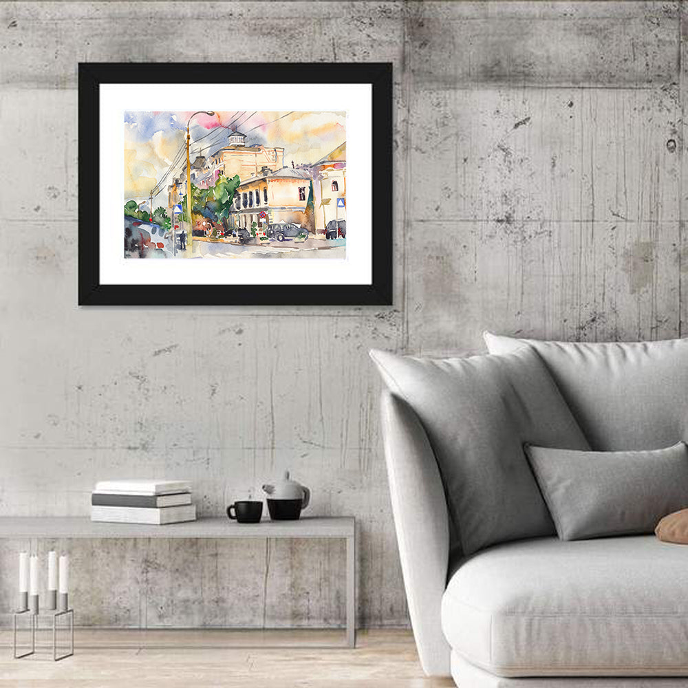 Sunlit City Street Watercolor Wall Art in a room, landscape