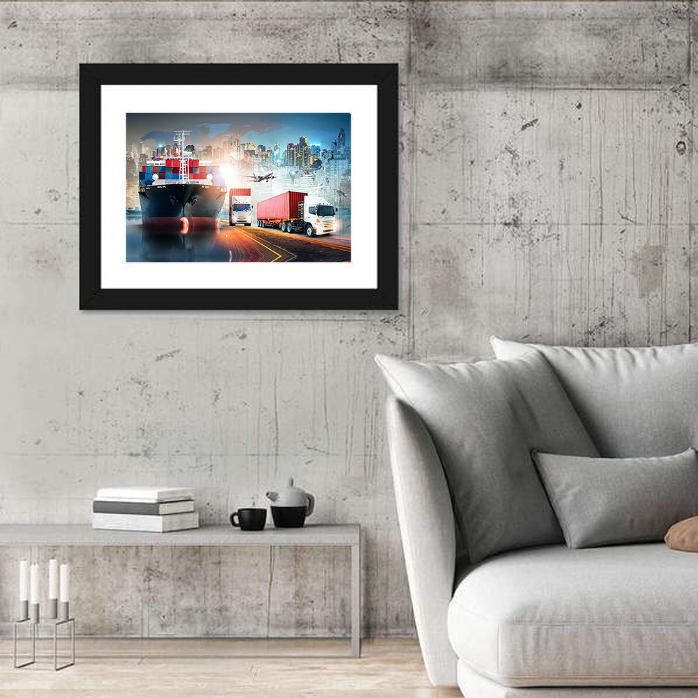 Global Logistics Nightscape Wall Art in a room, landscape