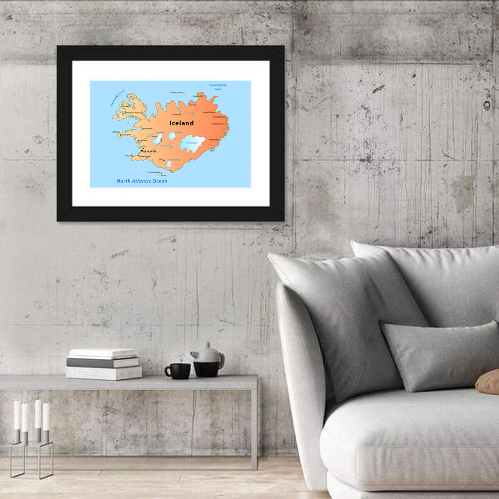 Iceland Map Illustration Wall Art in a room, landscape