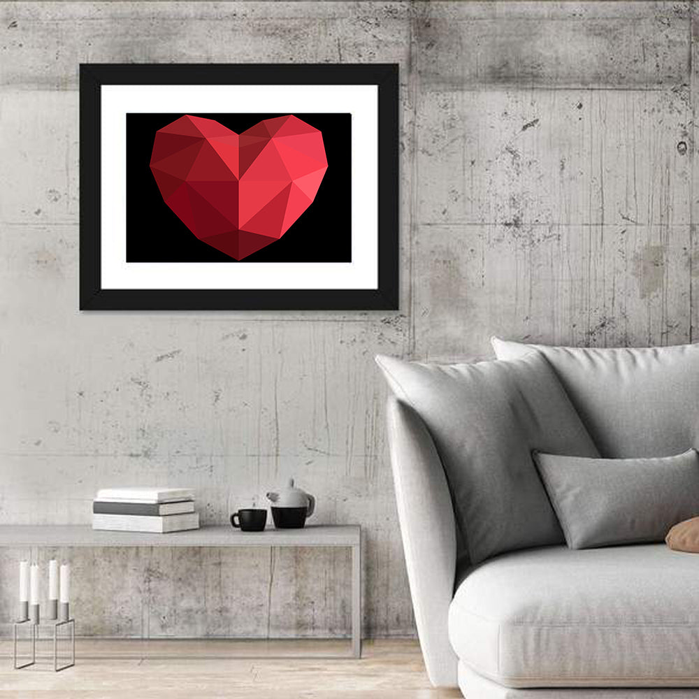 Low-poly Red Heart Wall Art in a room, landscape