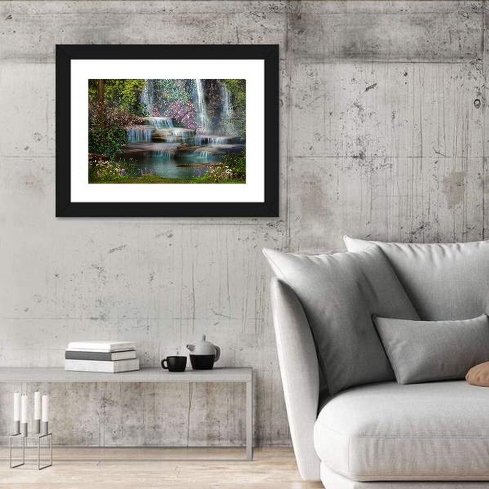 Multi-tier Jungle Waterfall with Pink Blossoms Wall Art in a room, landscape