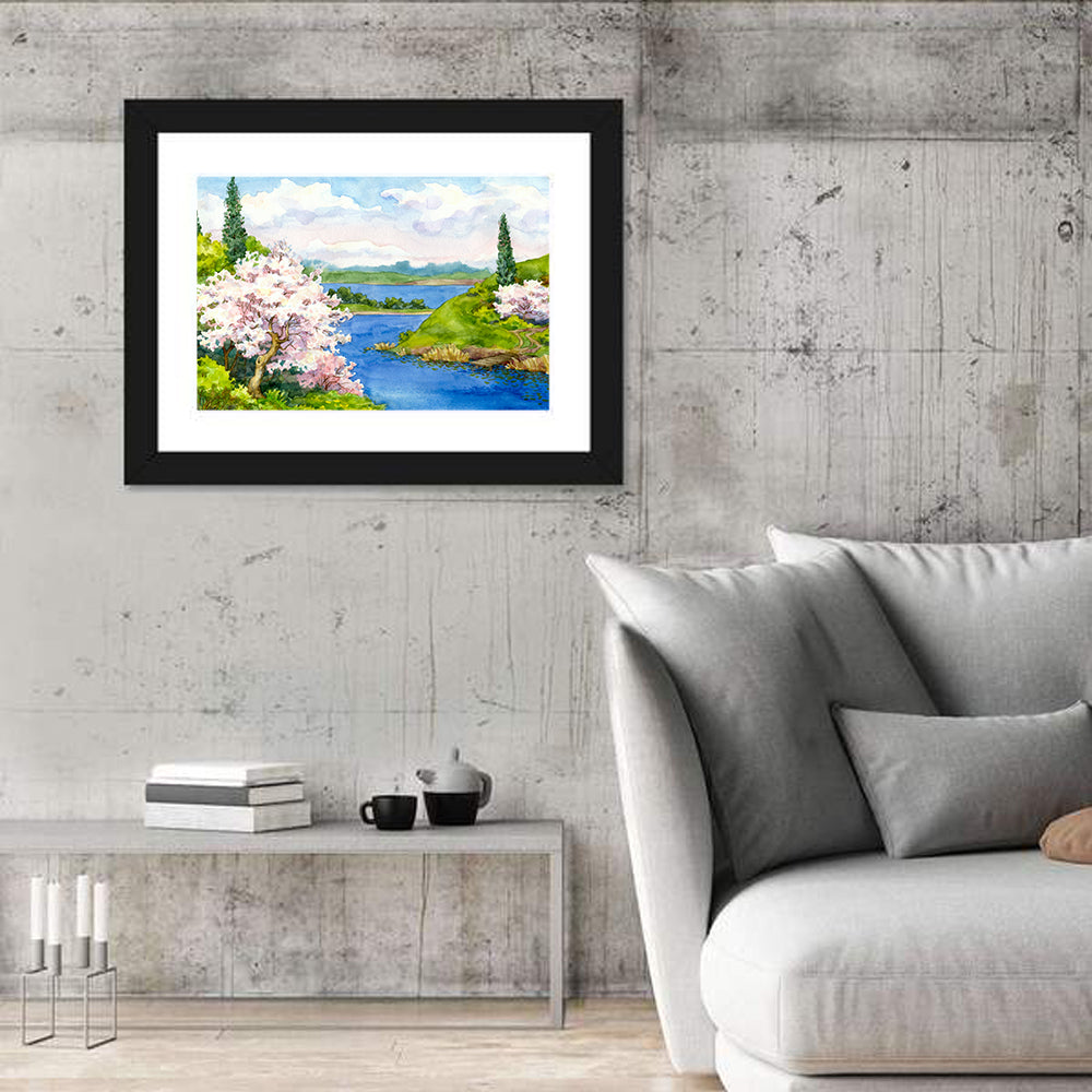 Spring Blossom Lakeside Landscape Wall Art in a room, landscape