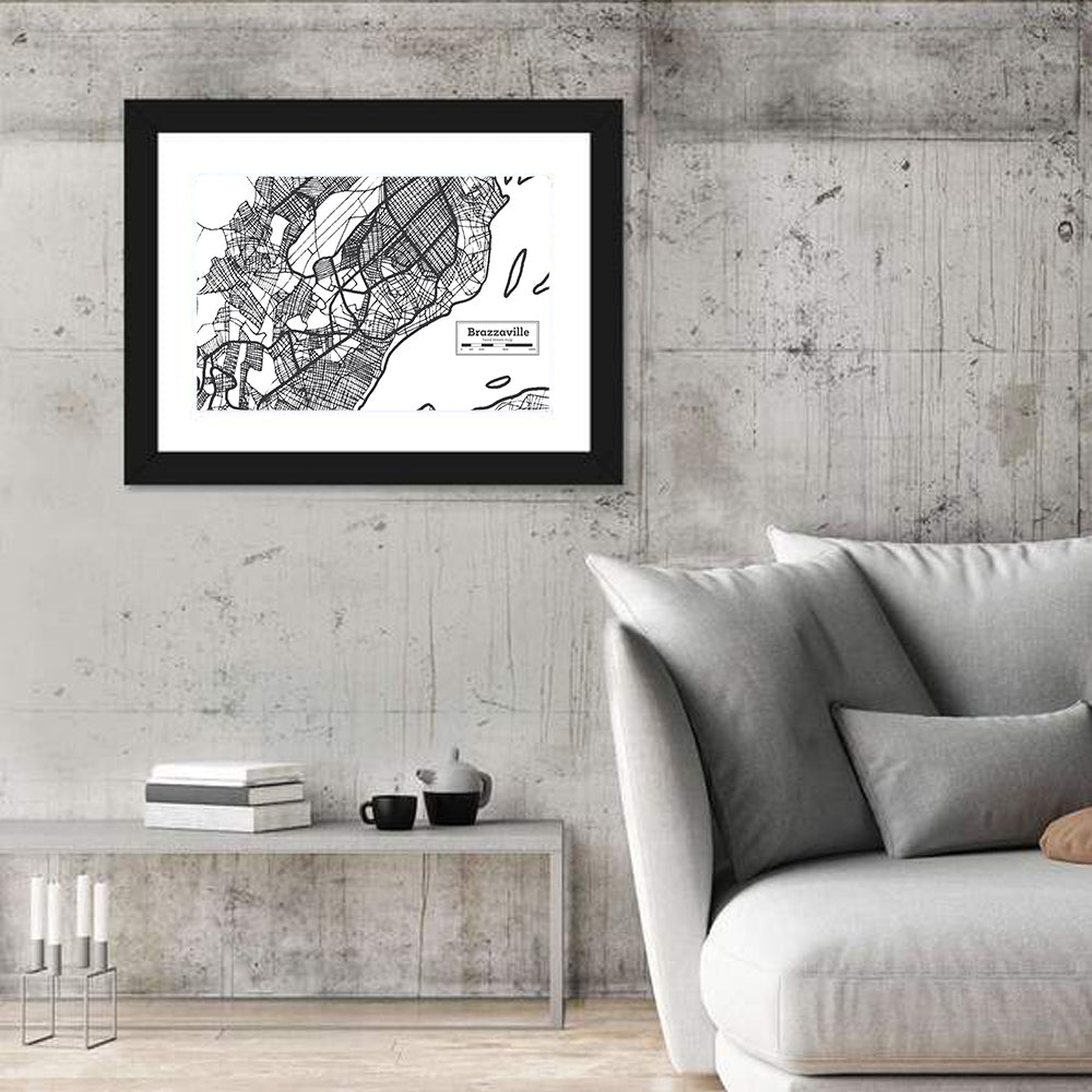 Brazzaville Hand-drawn Map Wall Art in a room, landscape