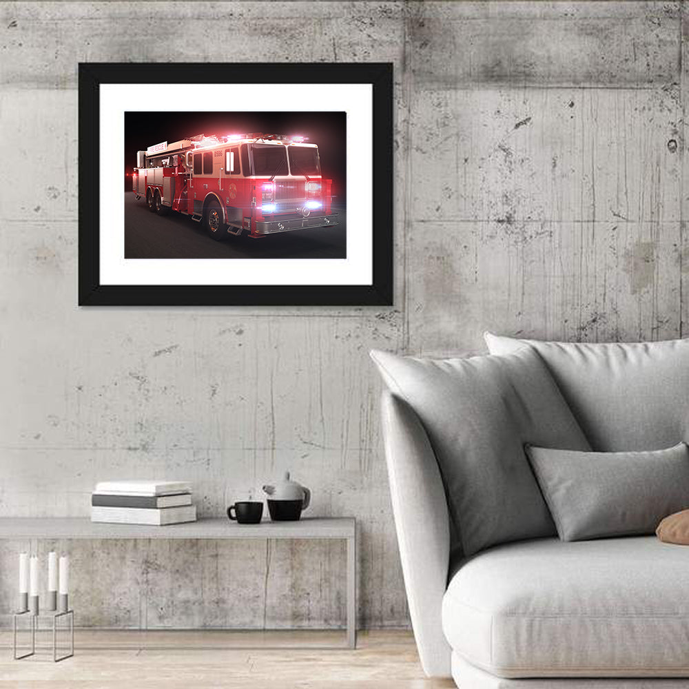 Fire Rescue Truck at Night Wall Art in a room, landscape