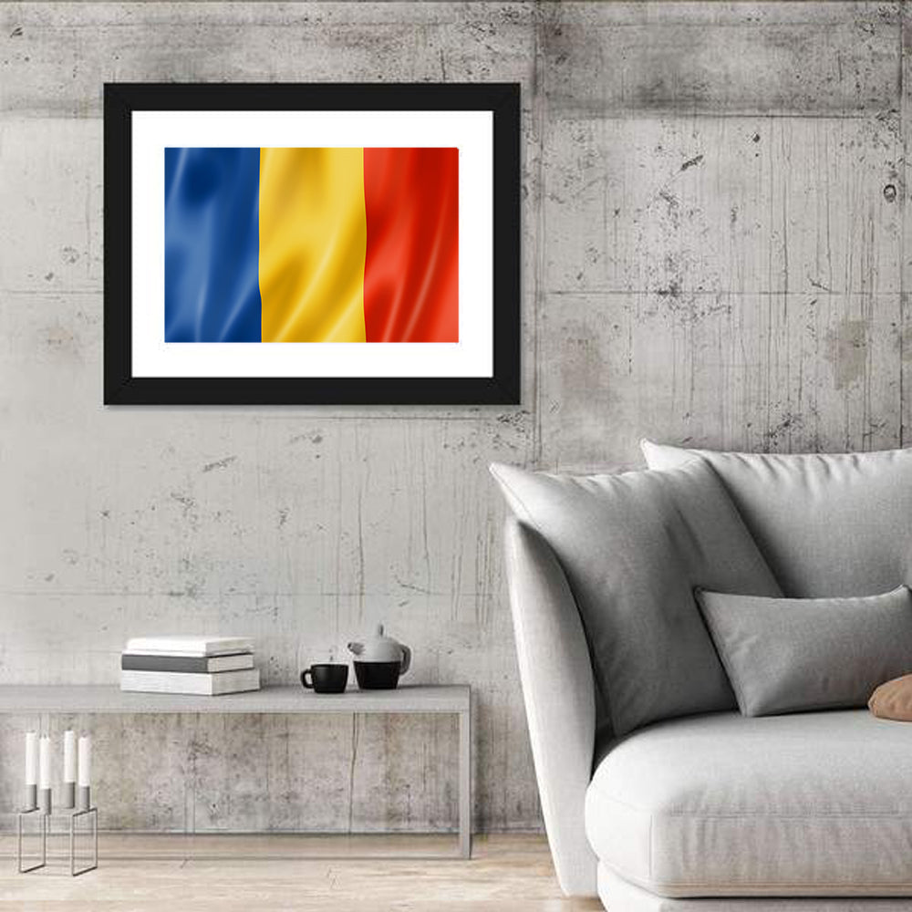 Romanian Tricolor Flag Wall Art in a room, landscape