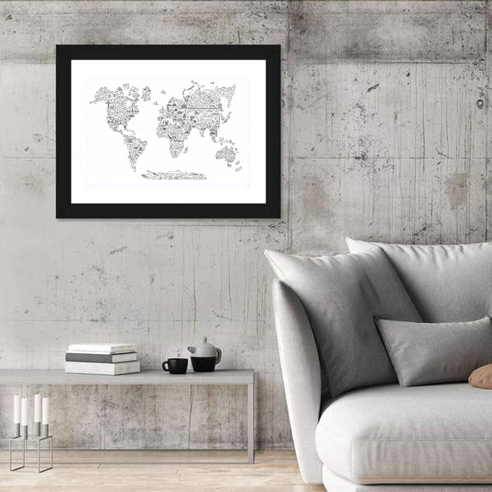 World Map of Travel Icons Wall Art in a room, landscape