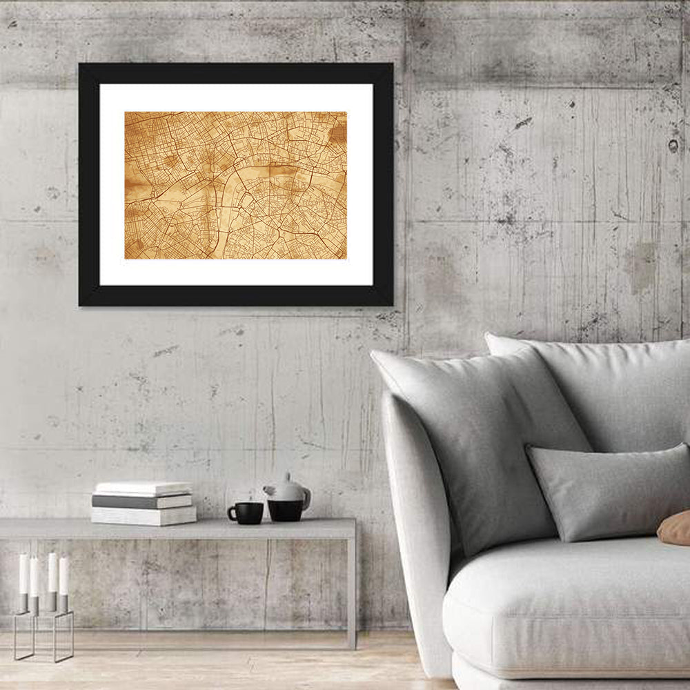 Vintage London City Map Wall Art in a room, landscape