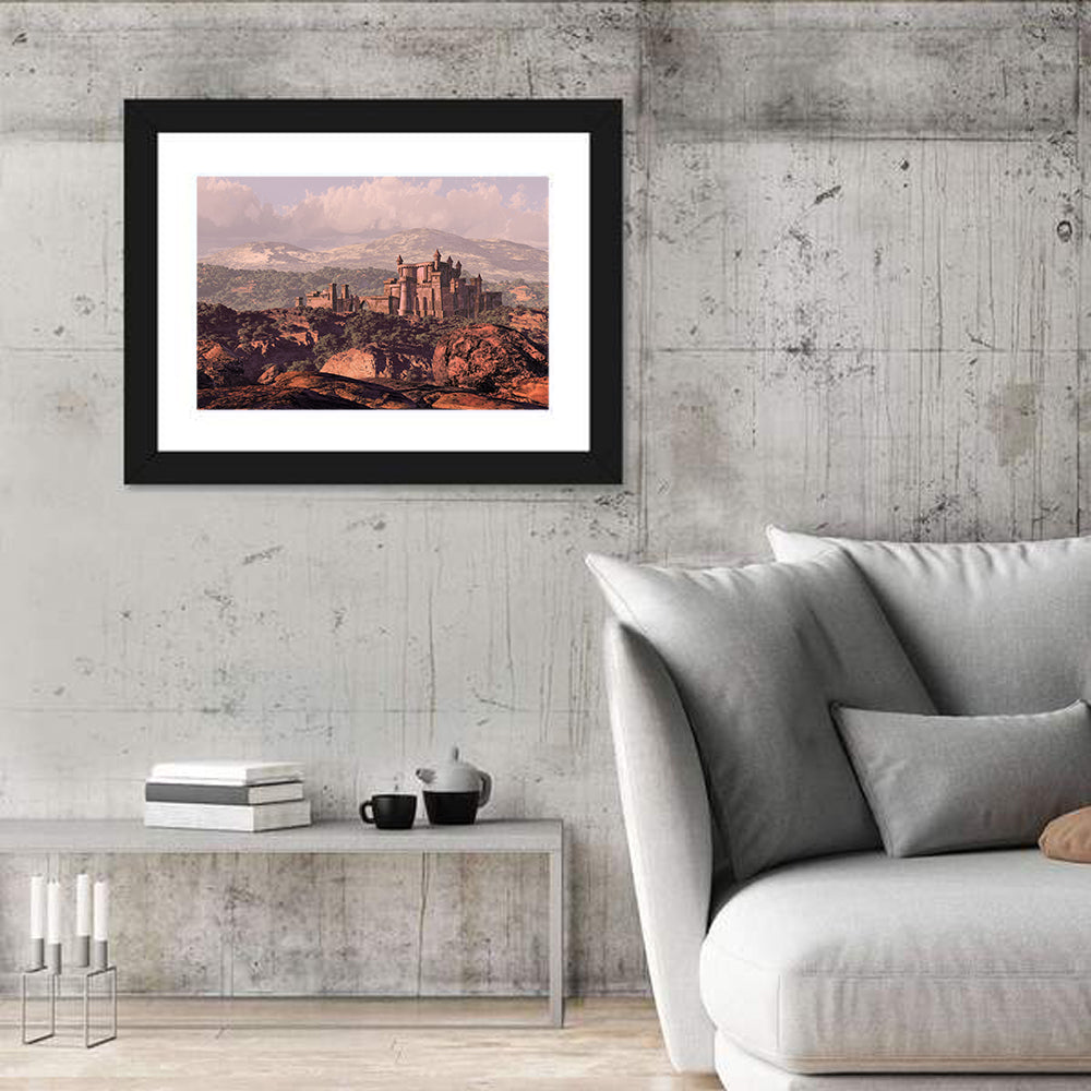 Medieval Fortress on Rocky Plateau Wall Art in a room, landscape
